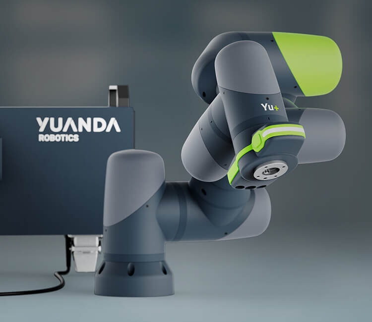 Die Abbildung eines Roboter-Setups von Yuanda: Ein Roboterarm in grau und grün und eine kleine Steuereinheit im Hintergrund.
